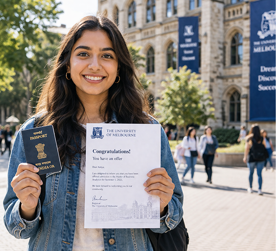 Student holding passport and offer letter